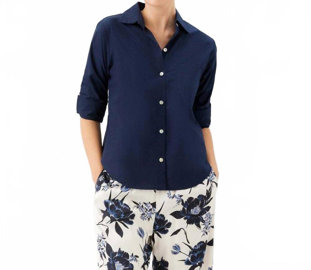 NEW KAREN KANE ruched sleeve button-up shirt in navy